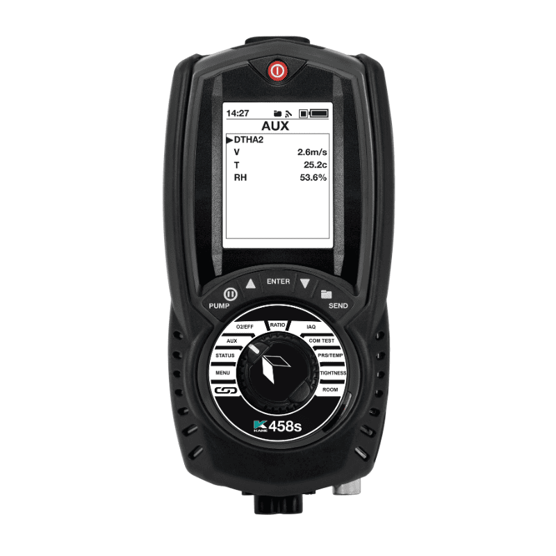 Analizador KANE458s IAQ para medición de CO, CO₂ y O₂ en calidad del aire interior, seguridad en calderas y espacios comerciales.