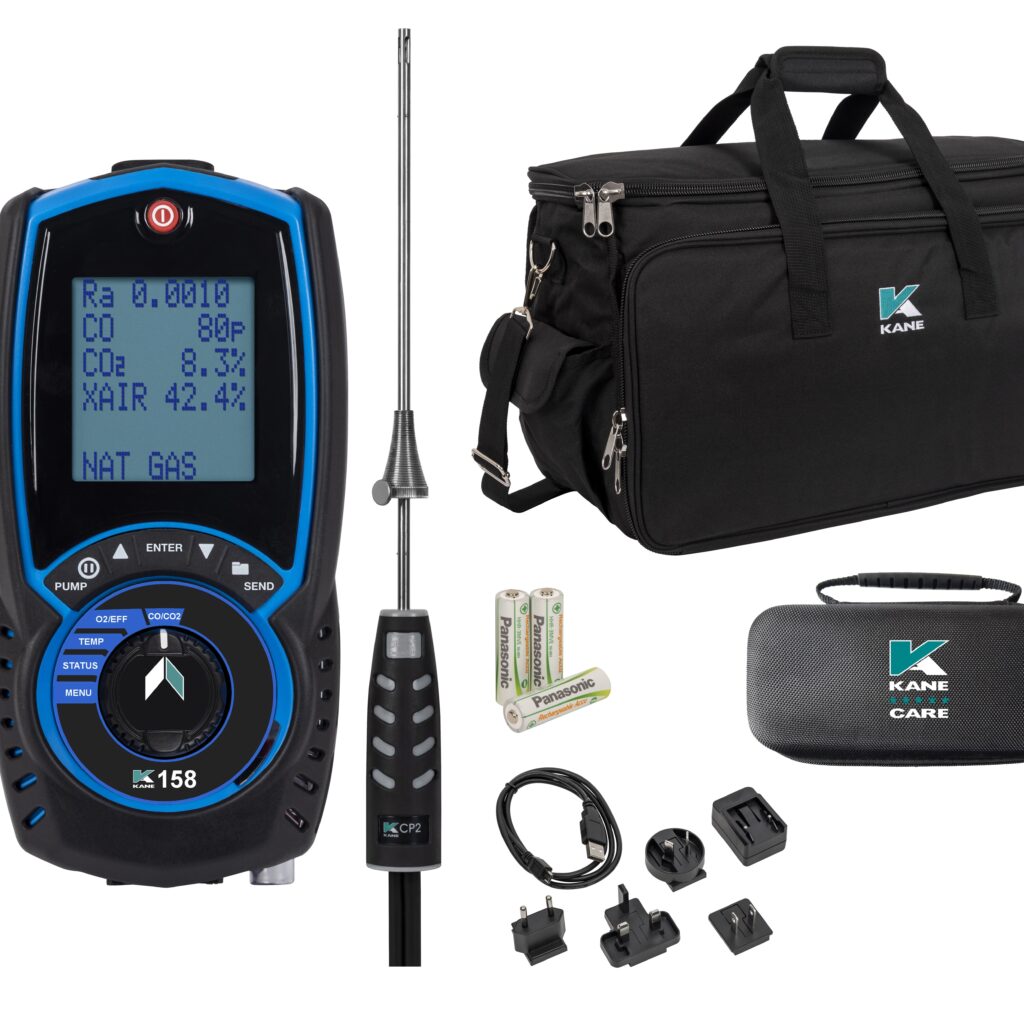Kit completo analizador de combustión KANE158 con sonda CP2, baterías recargables, cargador USB y estuche protector