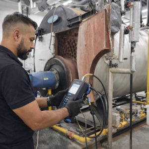 técnico verificando sistema de combustión