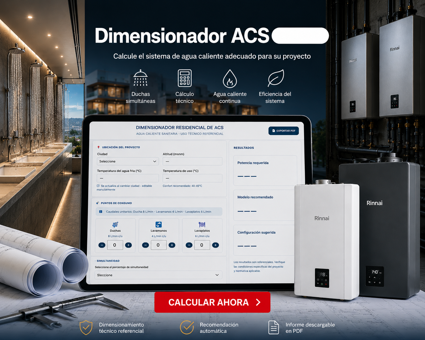 Dimensionador ACS Rinnai para calcular cuántas duchas soporta un calentador de agua